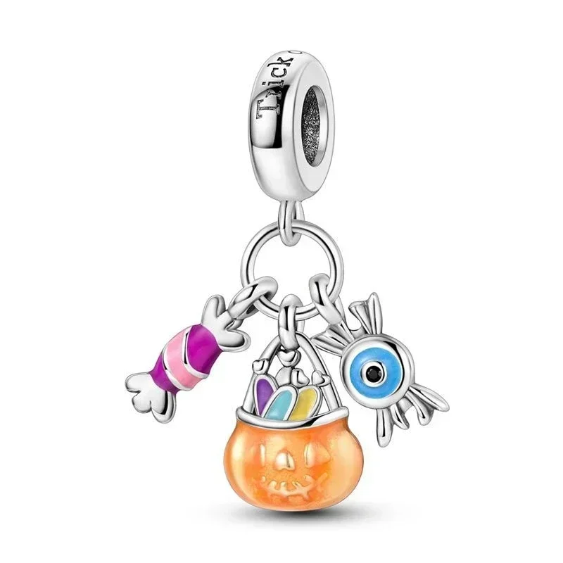 Original 925er Sterlingsilber, Halloween-Geschenk, schwarze Katze, Spinne, Totenkopf, Kürbis, Geisterperlen, Charms für Pandora-Armband, DIY-Schmuck