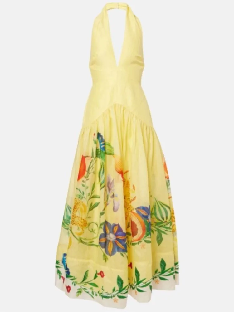 

Women Sexy Deep V-neck Bohemian Dresses 2025 Summer New Floral Print High Waist A-Line Long Dress Backless Hollow Party Vestidos