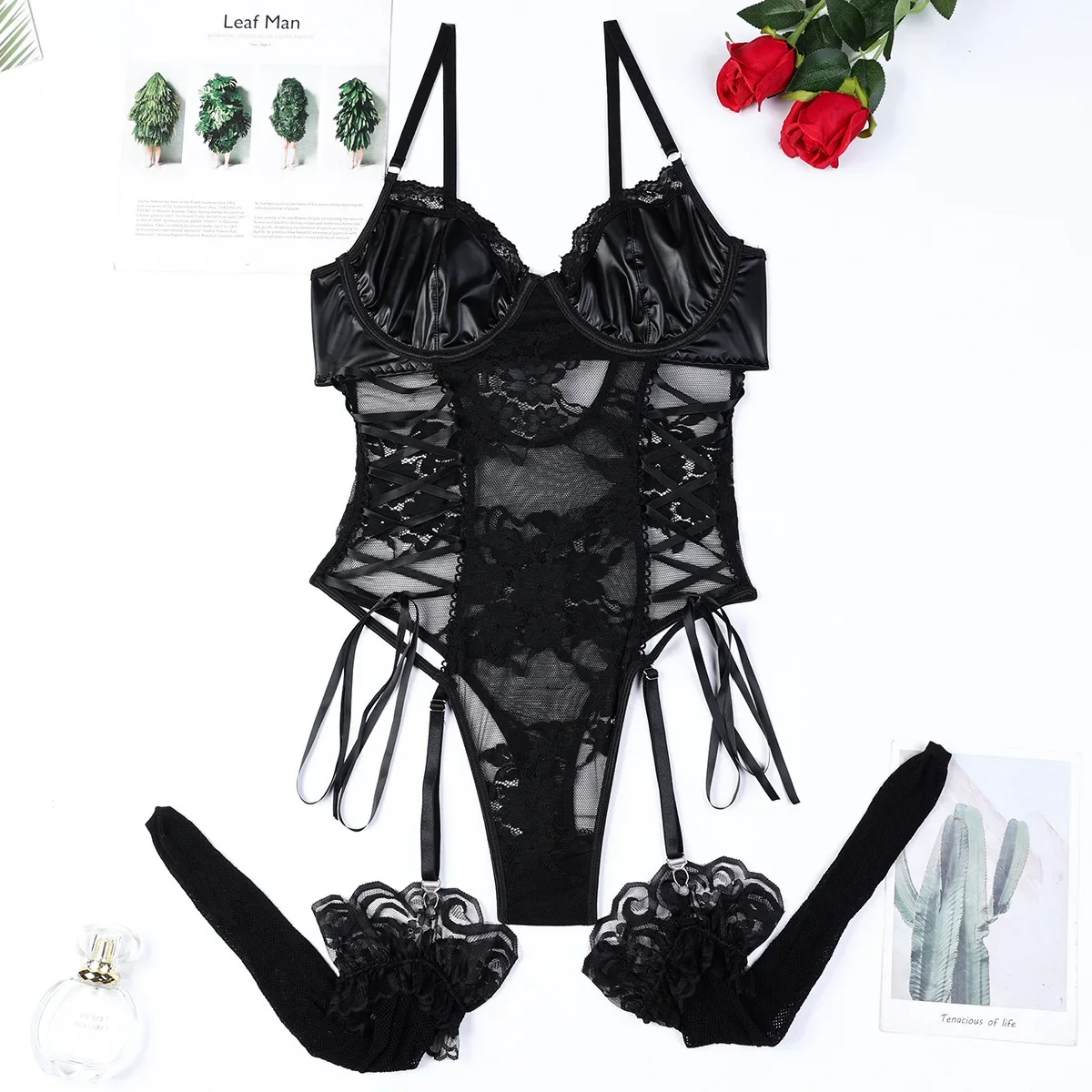

Women Sexy PU Exotic Set See Through Hollow Out Lingerie Bodysuit Elegant Ladies Thin Underwear Party Club Romper Exotic Apparel