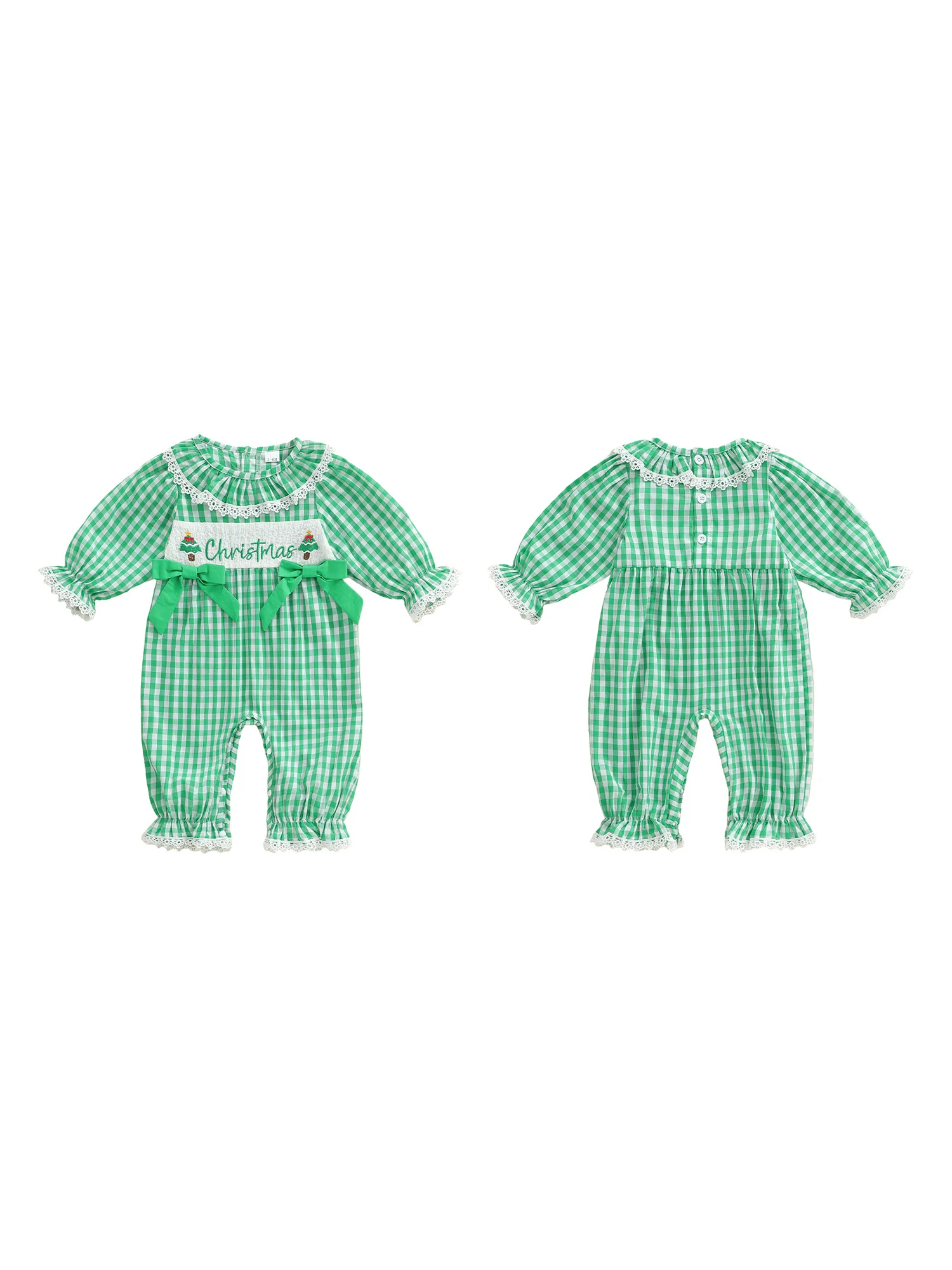 

Infant Girls Holiday Romper with Festive Embroidery Lace Details and Plaid Pattern - Adorable Christmas Jumpsuit for Baby Girl