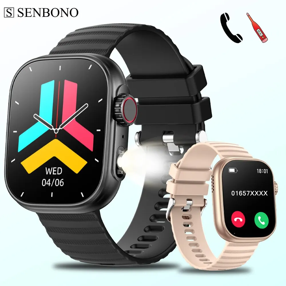 SENBONO Smart Watch Men Women LED Flashlight 100+ Sport Modes Fitness Tracker Body Temperature 2.01β Screen Smartwatch Men Wome