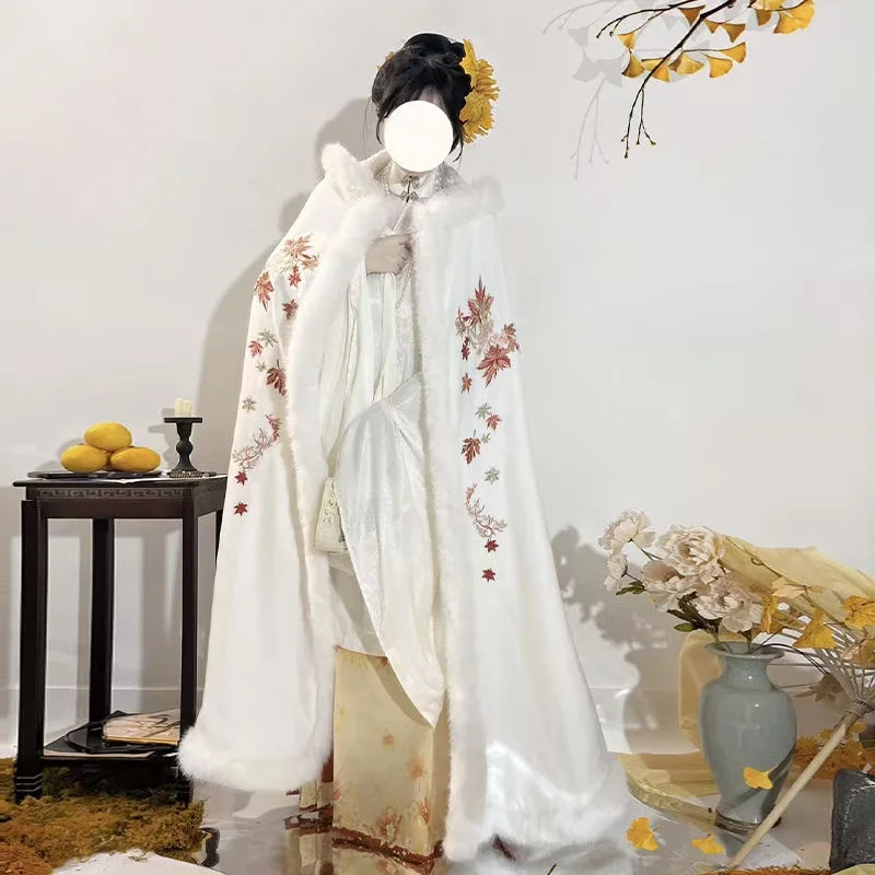 الشتاء رشاقته المخملية الدافئة Hanfu رداء طويل فتاة القديمة الخارجي زي الرأس الكلاسيكية الأبدية أوراق القيقب التطريز عباءة المرأة #2