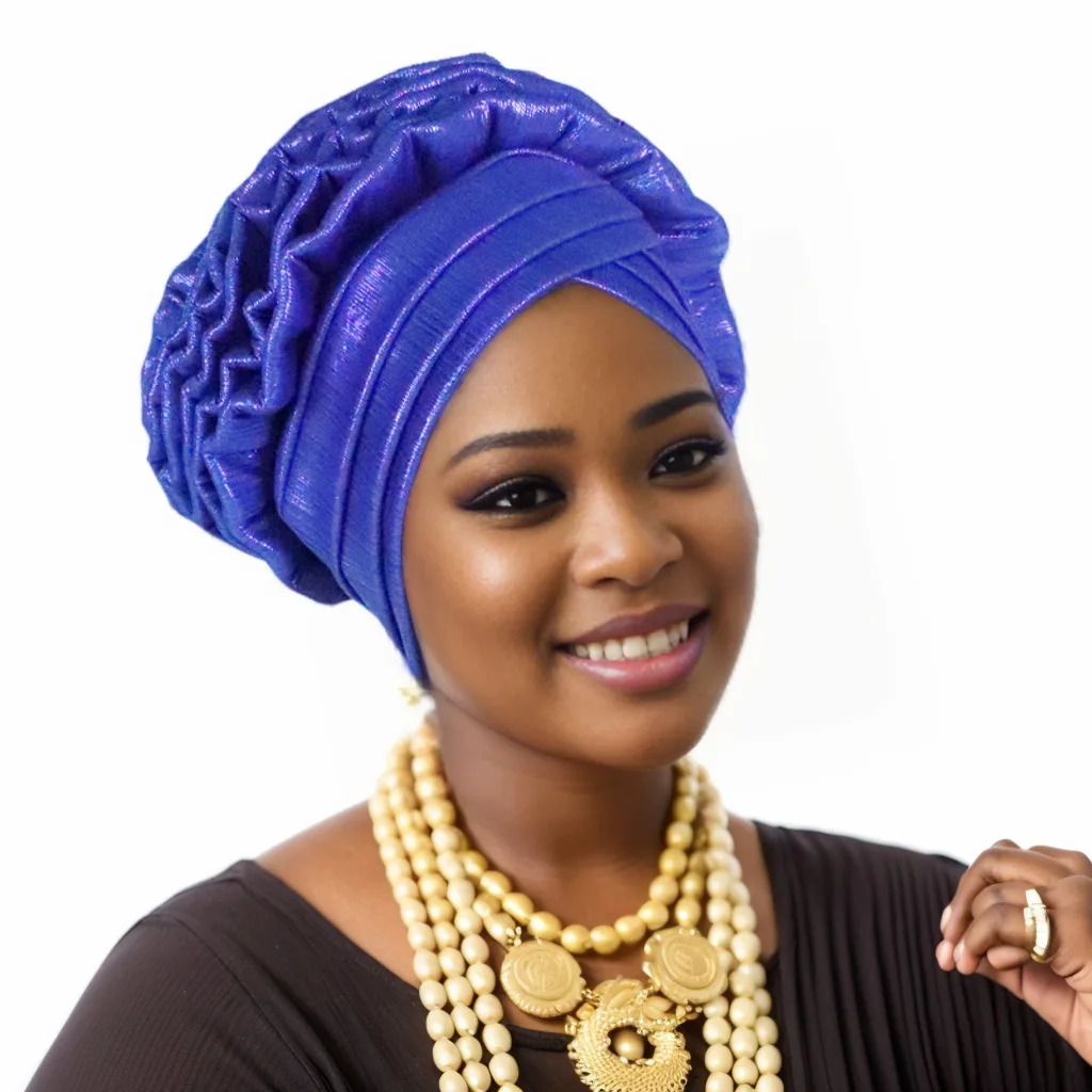 

New Glitter Party Headgear Ruffled Turban Cap for Women African Lady Head Wrap Nigeria Wedding Autogele Headtie Bonnet Hijab Hat
