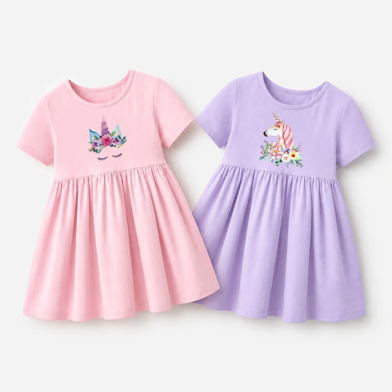 Mädchenkleid mit Rundhalsausschnitt Lässiges Kleid mit Einhorn-Muster Sommerkleid mit Kurzen Ärmeln für Kinder