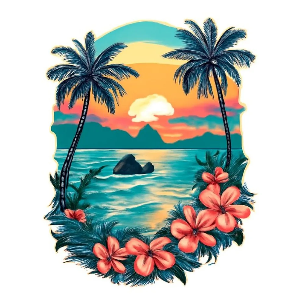 

Car Vinyl Decal Fashionable Tropical Beach Scene Including Palm Trees Ocean Rocks Flowers and Retro 80s Aesthetics