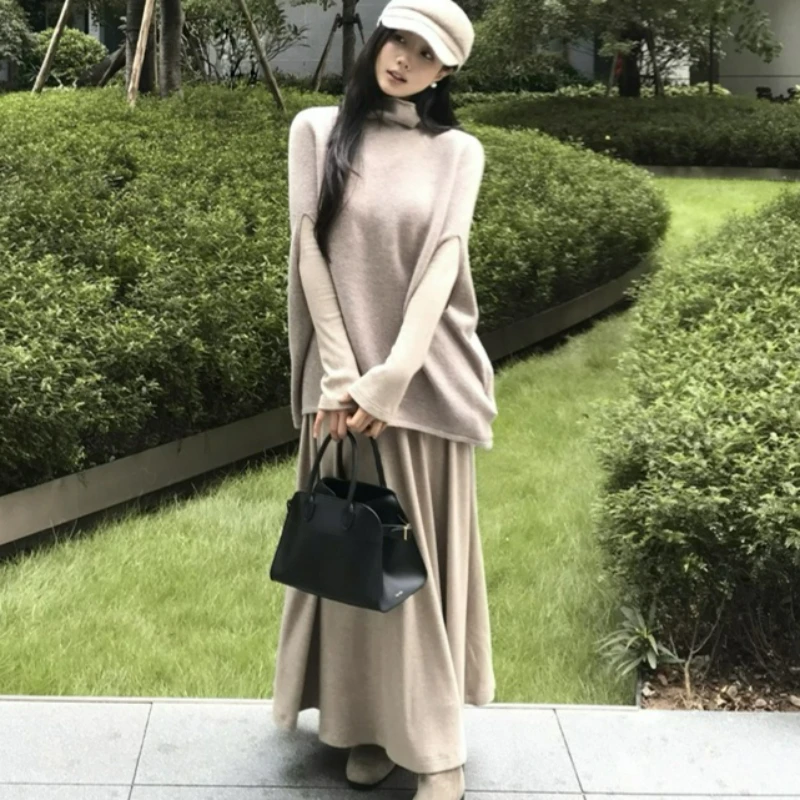 

2026 Autumn New Style Fashionable Korean Gentle Style Pile Neck Knitted Shawl Top V-neck Long Sleeve Long Skirt Inside for Women