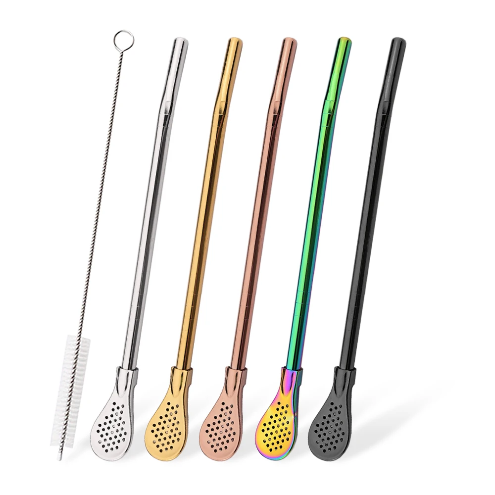 5Pcs Yerba Mate Bombilla Stainless Steel Straw Loose Leaf Tea Infuser Dringking Spoons Filter Stirring Straws W Cleaning Brush
