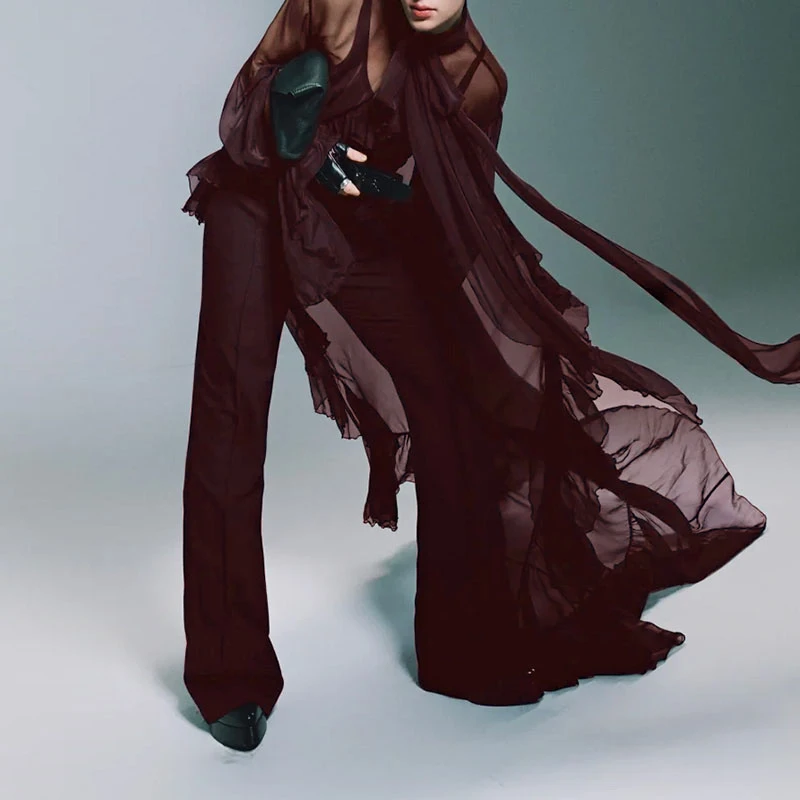 

INCERUN Men Long Style Shirt Solid Ruffle Lace Up See Through Chiffon Men Clothing Streetwear Party Unisex Irregular Shirts