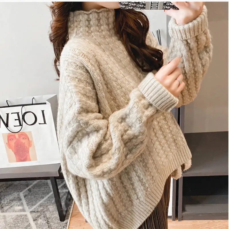 Women Autumn and Winter Fashion New High Neck Lazy Style Sweater Solid Thickened Loose Knit Pullover Casual Long Sleeved Tops