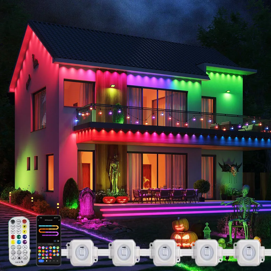 Guirnalda de luces LED RGB para decoración navideña, iluminación ambiental para exteriores, Escena de bricolaje, vacaciones de Halloween, 147 pies, 90LED