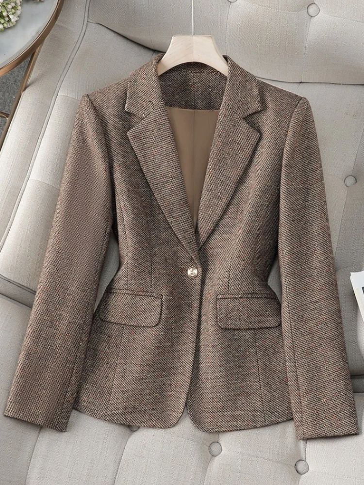 

Korean Fashion Suit Jacket Women Fall/Winter Brown Gray Long Sleeves Woolen Blazer Coat Retro Elegant Single Button Top 2025 New
