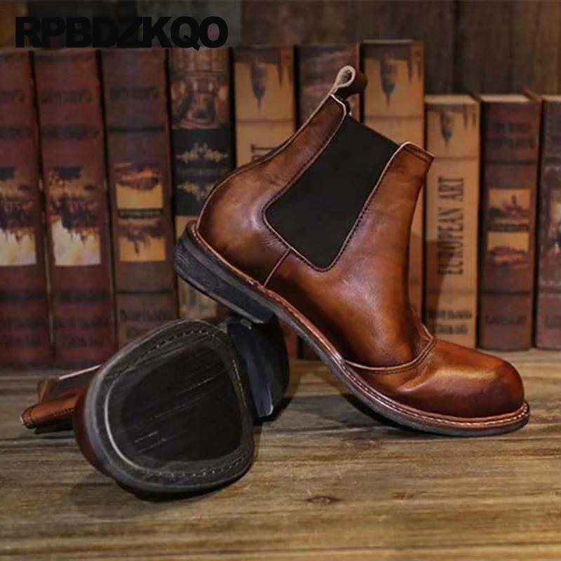 2023 Autumn Fall Ankle Slip On Short Men Chunky Italian Designer Shoes Brown Booties Chelsea Full Grain Leather Boots Stylish