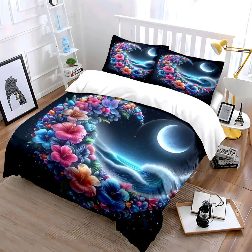 Dreamy heart-shaped flowers waves full moon Bedding Set for Kids Luxury Gift 3pcs Digital Print Comforter Set Soft Comfortable