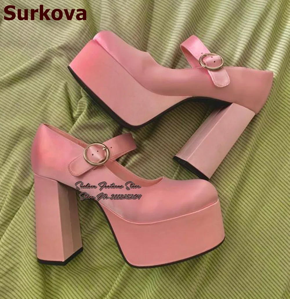 

Surkova Pink Satin Cloth Strange Chunky Heel Wedding Shoes High Platform Buckle Strap Banquet Pumps Silk Fabric Evening Shoes