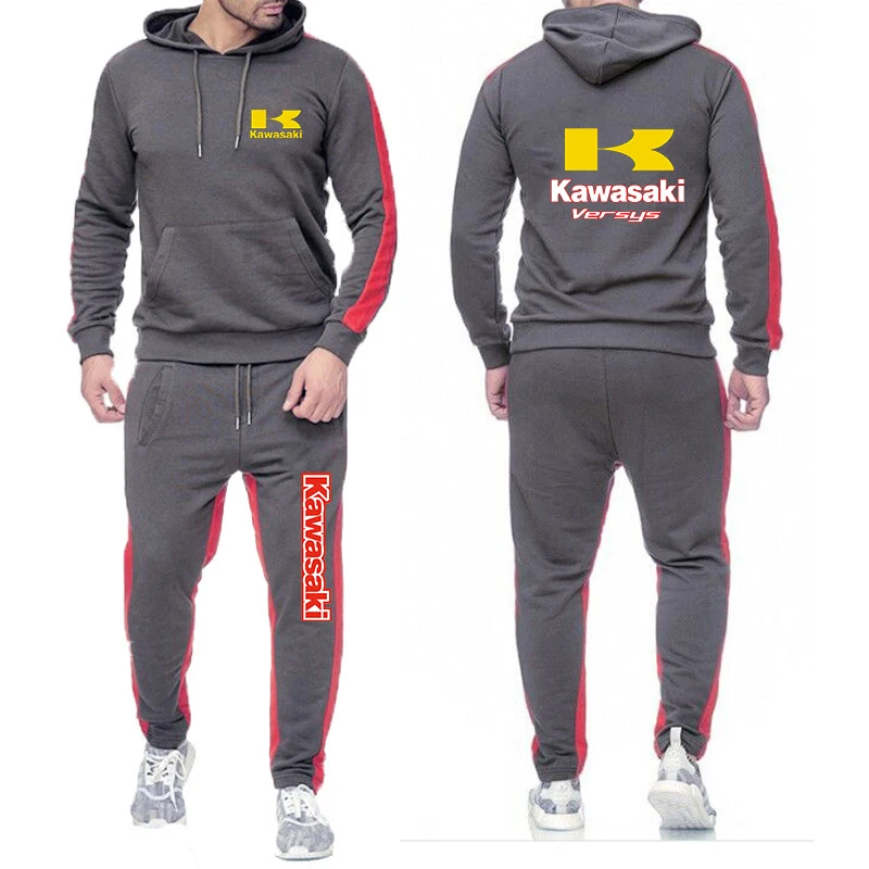 

Spring Autumn Men Kawasaki Two-piece Set Kawasaki Motorcycle Racing Logo Print Fashion Casual Cool Hoodies+Sports Pants Suits 22