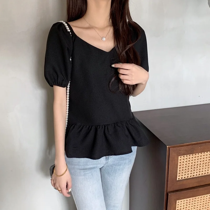 

M-4XL Large Size Chiffon Short Blouses Women Summer Fashion Square Collar Short Sleeve Shirts Oversize Black Skirt Hem Tops