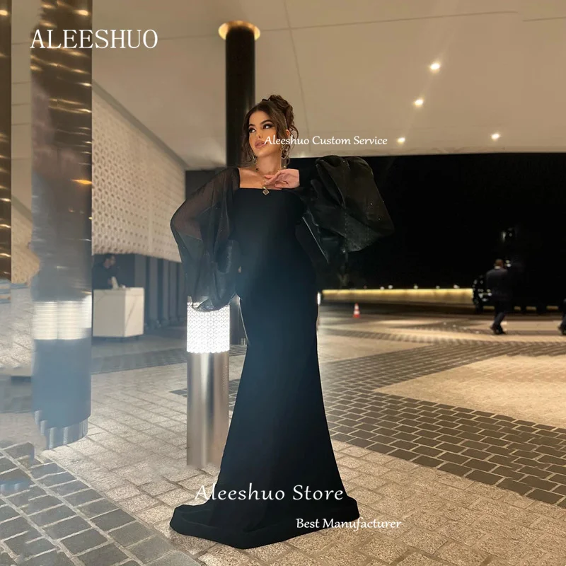 Aleeshuo Morden nero maniche lunghe sirena abito da sera pieghe colletto quadrato Backless Party Prom abiti da sera Robe soirée 2024