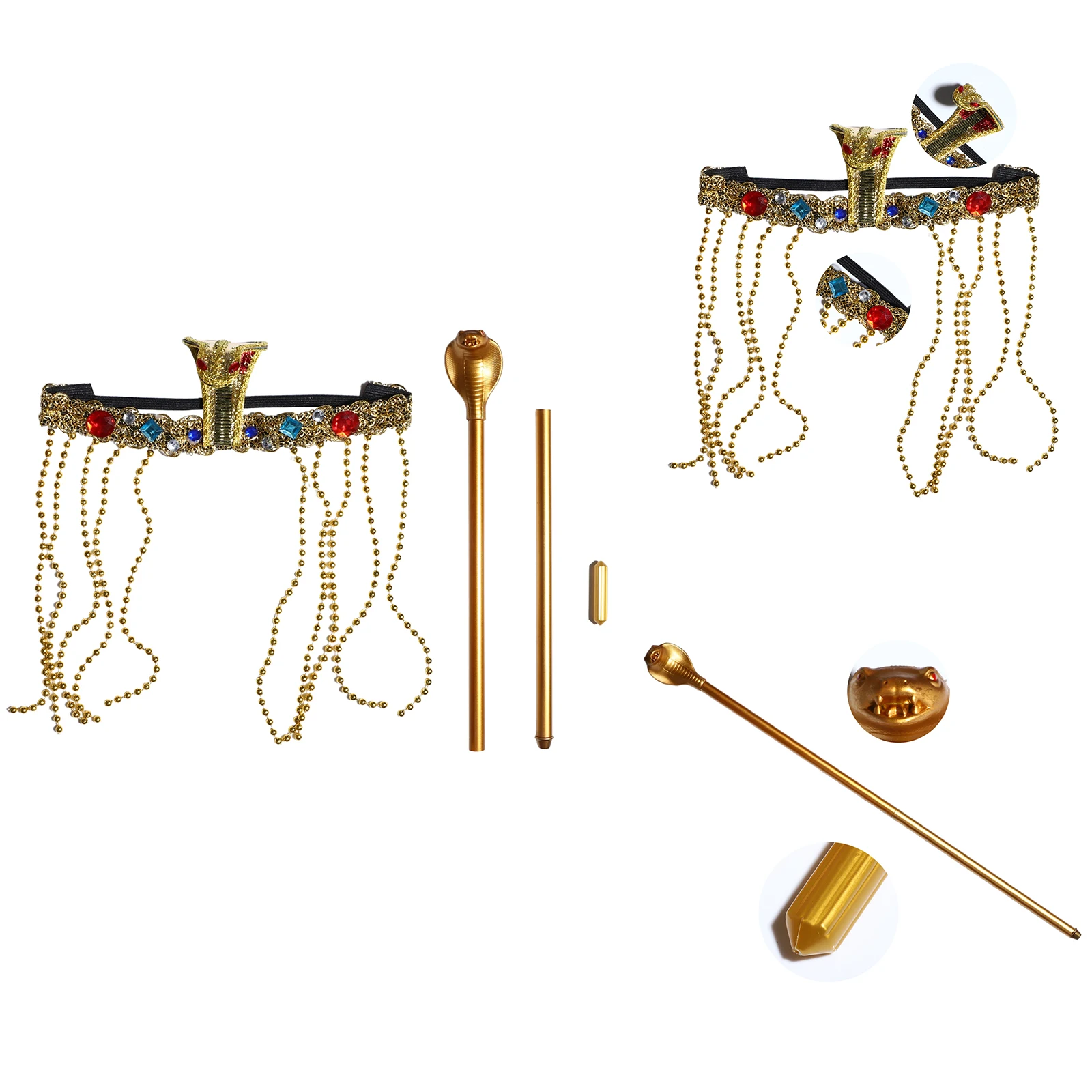 

Egyptian Cosplay Accessories Halloween Cleopatra Pharaoh Head Tiara Gold Snake Scepter Beaded Tassel Headwear Set Cosplay Props
