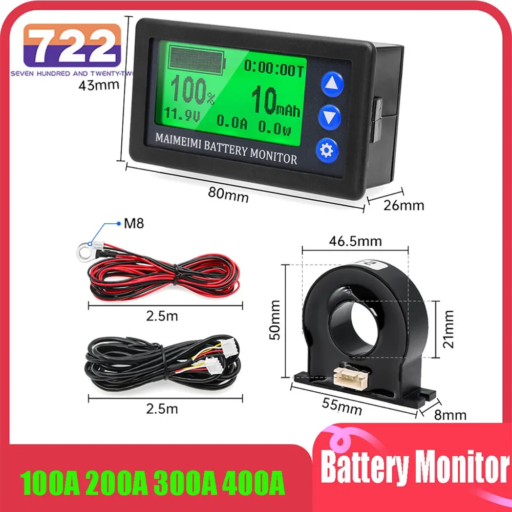 Lifepo4 Battery Monitor Digital Voltmeter Ammeter DC8-100V 100A - 400A Battery Monitor Hall Coulomb Tester  AH Voltage Meter