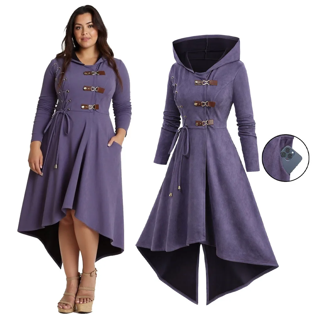 روزغال حجم كبير معطف مقنع مع أبازيم الدانتيل يصل الحلقات عالية منخفضة الدانتيل متابعة ملابس خارجية غير رسمية للنساء الظهر سبليت معاطف طويلة