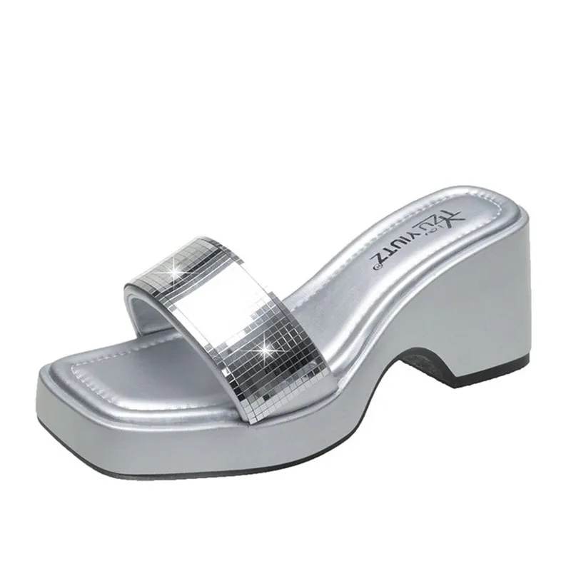 

2026 Summer Women Wedge Heel Slippers Square Toe Platform Slide Sandals Shiny Rhinestone One Band Mules Gold Casual Party Shoes