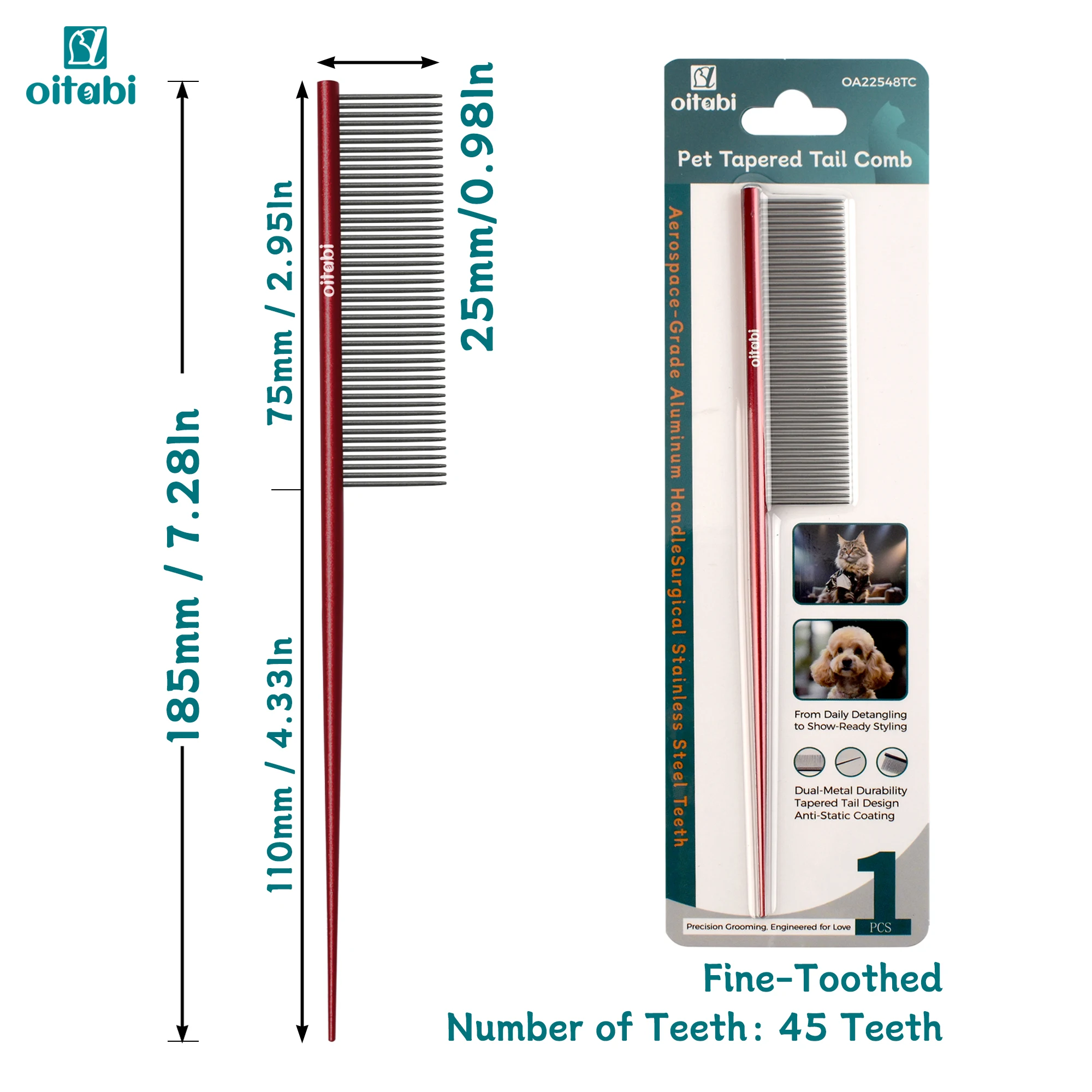 مشط ذيل دقيق من Oitabi مصنوع من المعدن، ومشط نهائي ورقيق لتصفيف الوجه والذيل |   إزالة بقع المسيل للدموع