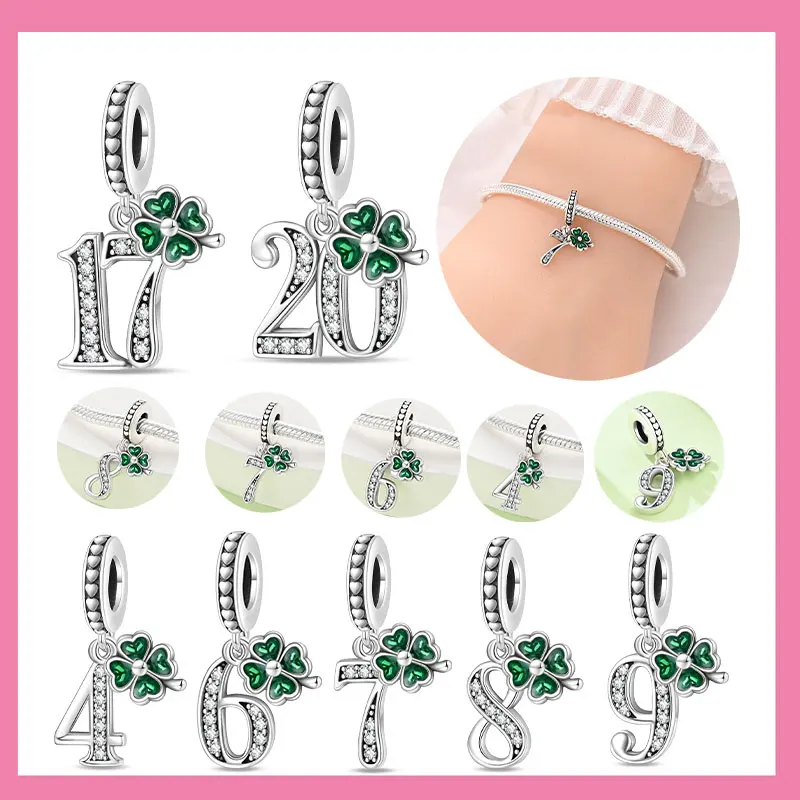 

S925 Серебряный оригинальный цифровой кулон Сердце Розовый циркон Камень Четыре листа клевера Шарм Бусины Подходит для браслета Женщины Diy Подарочный аксессуар