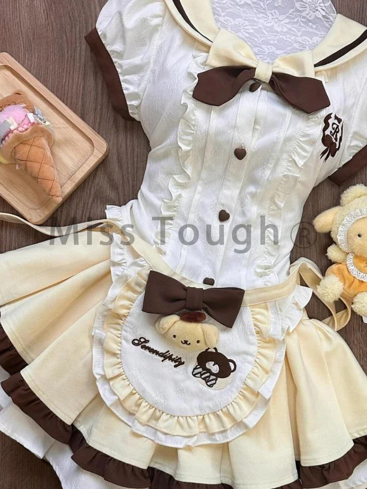 Sweet Japanese College Style Lolita 2 Piece Set Women Patchwork Apron Shirt+fluffy Mini Skirt New Slim Harajuku Cute Suit Autumn