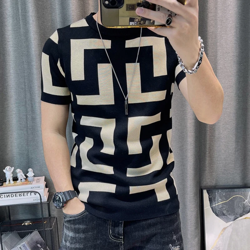 3 Color Short Sleeve Knitting T-Shirt Men Slim Streetwear Color Contrast T Shirt Men Tee Shirt Homme Social Club Outfits Tshirt