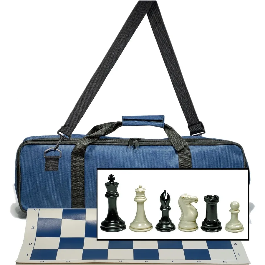 

Travel Chess Set for Adults with Vinyl Roll-Up Board 20 inches Triple Weighted Chess Pieces 4.0 inch King Deluxe Blue Canvas Ba