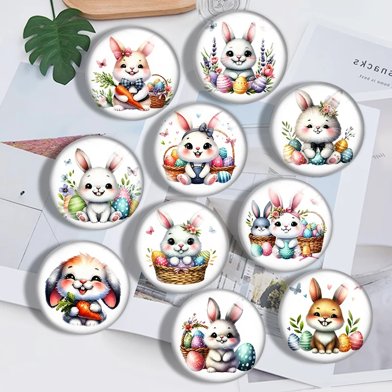 Cute Easter Bunny 10pcs 12mm14mm/16mm/18mm/20mm/25mm Round Photo Glass Cabochon Demo Flat Back Making Findings Jewelry