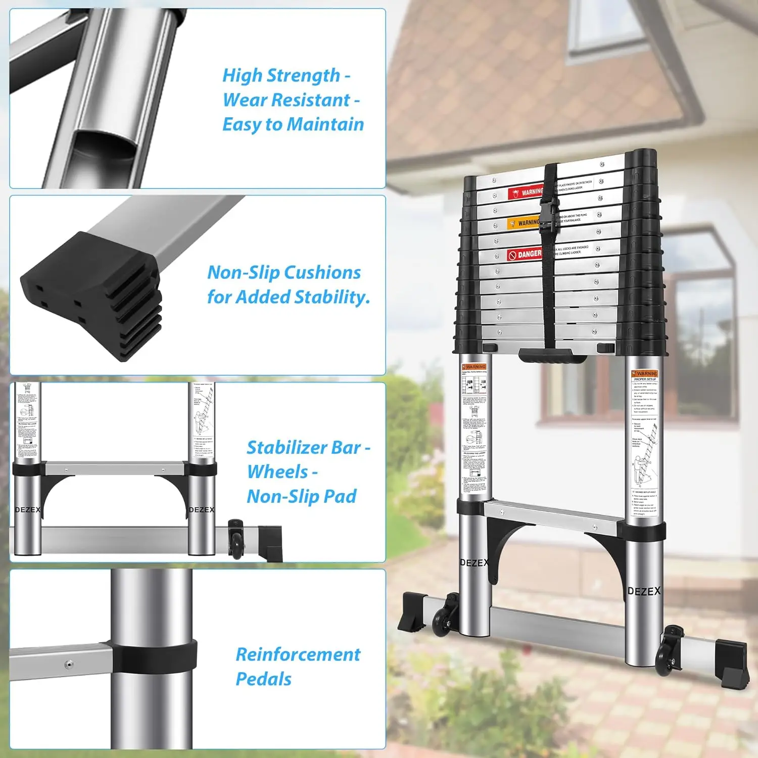 15.5 FT Ladders Stainless Steel - One-Button Retraction Collapsible Extension Ladder for Home,RV,Loft, Lasts 375 LBS with 2 Tria