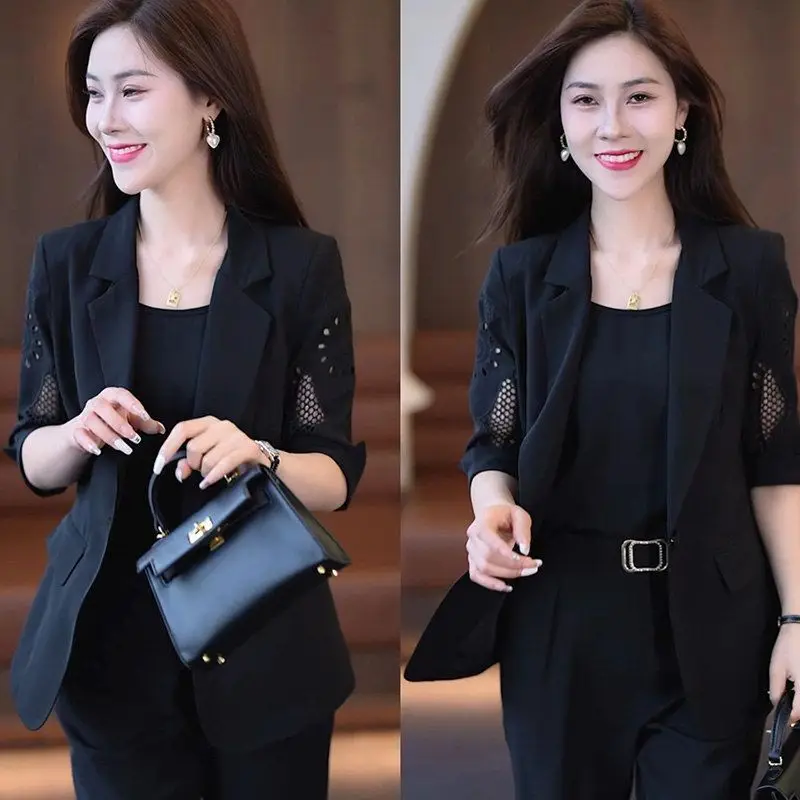 Golf Women Short Sleeve Suit Hollow 3pcs Vintage Tops Pants Tank Tops Cardigan  Coat Blazer Outerwear Casual Design Clothing