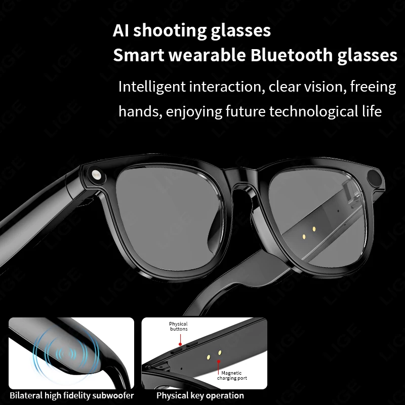 LIGE 8MP Camera AI Translation Smart Glasses 1080P Video Recording Bluetooth Call Voice Assistant 270mAh Battery Sunglasses Gift