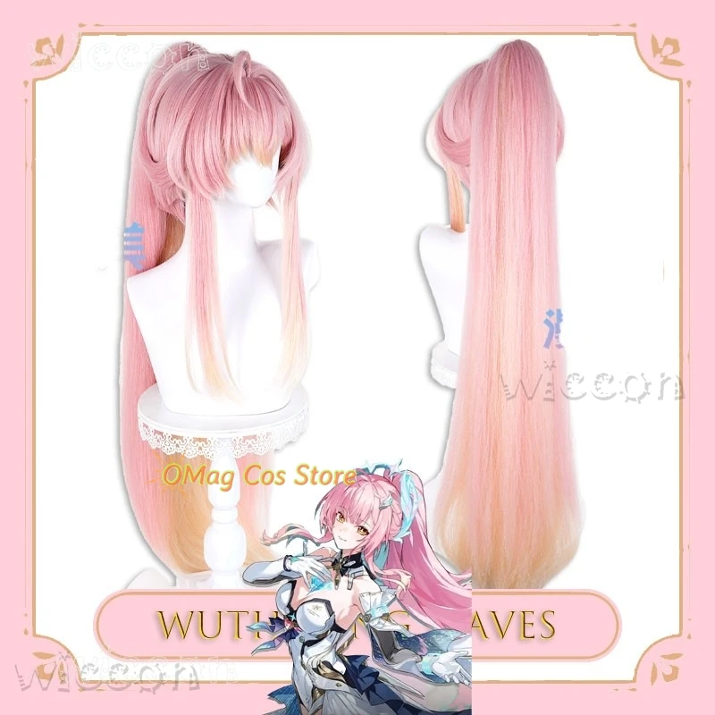 Disfraz de Adulto, Peluca de Cosplay de Aemeath de Wuthering Waves para Mujer, Accesorios Kawaii, Cola de Caballo Rosa con Clip de Tigre, 90 cm, Disfraz de Halloween y Carnaval