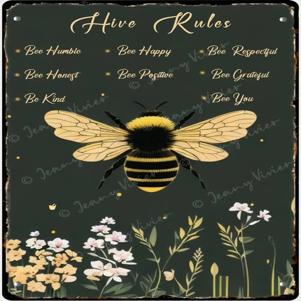 Bee Garden Decor Bee Hive Rules Sign for Home Honey Bee Decorations Inspirational Quote Sign Bumble Metal Tin Signs Kitchen Wall