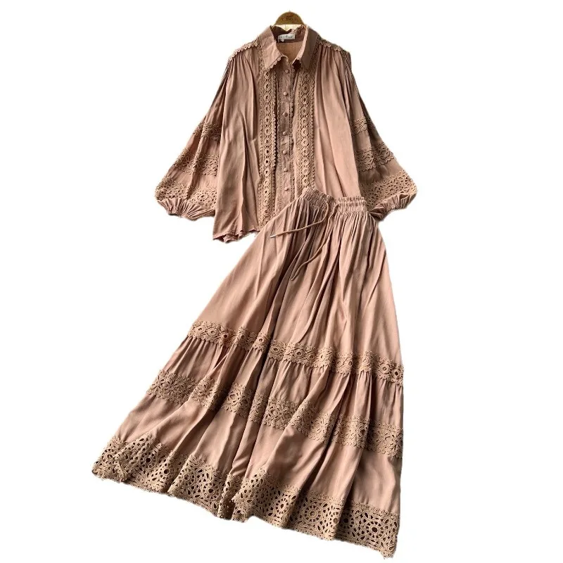 2025 Vestido largo elegante de encaje ahuecado para mujer, vestido liso con cuello en V, encaje de retales con recortes, camisa de manga larga, falda de medio cuerpo