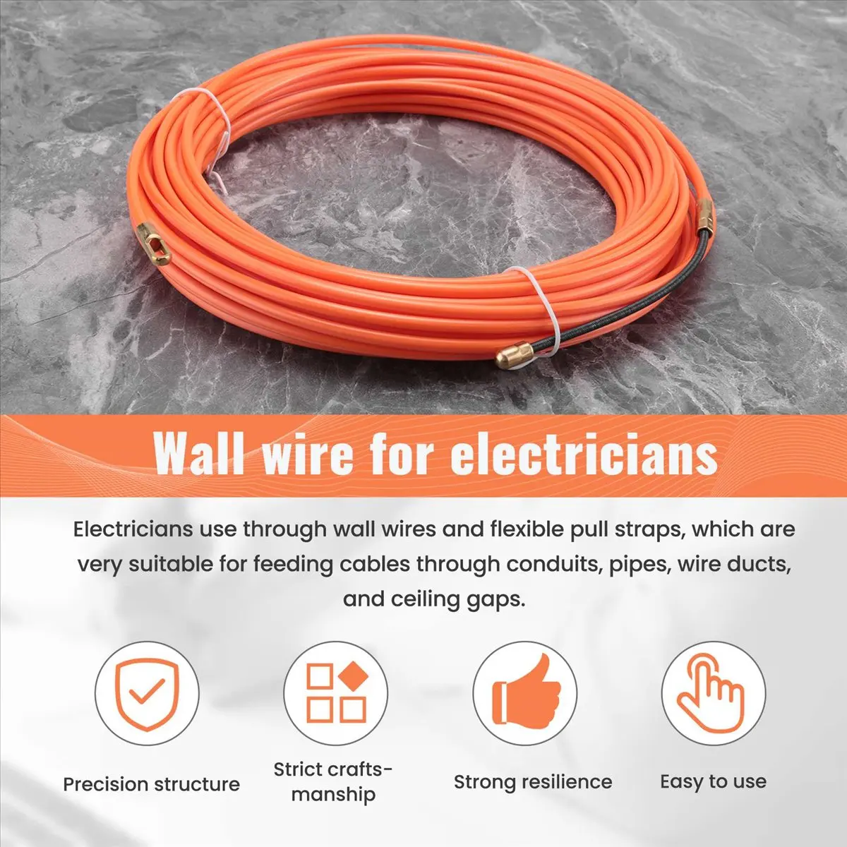 DT39 4Mm 15 Meter Orange Fiberglass Cable Puller Fish Tape Wire Threader Duct Snake Rodder Nylon