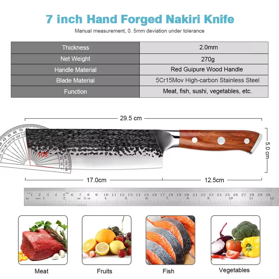 Professional 7 Inch Nakiri Knife Japanese Handmade Cleaver Knife 5Cr15Mov Stainless Steel Sharp Vegetable Knife Pakkawood Handle