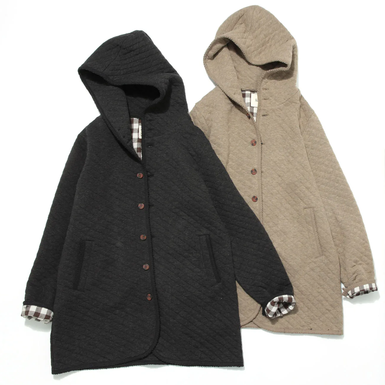 

Spring Autumn Women All-match Loose Japan Style Comfortable Lozenge Quilted Cotton Padded Hooded Jacket Coats