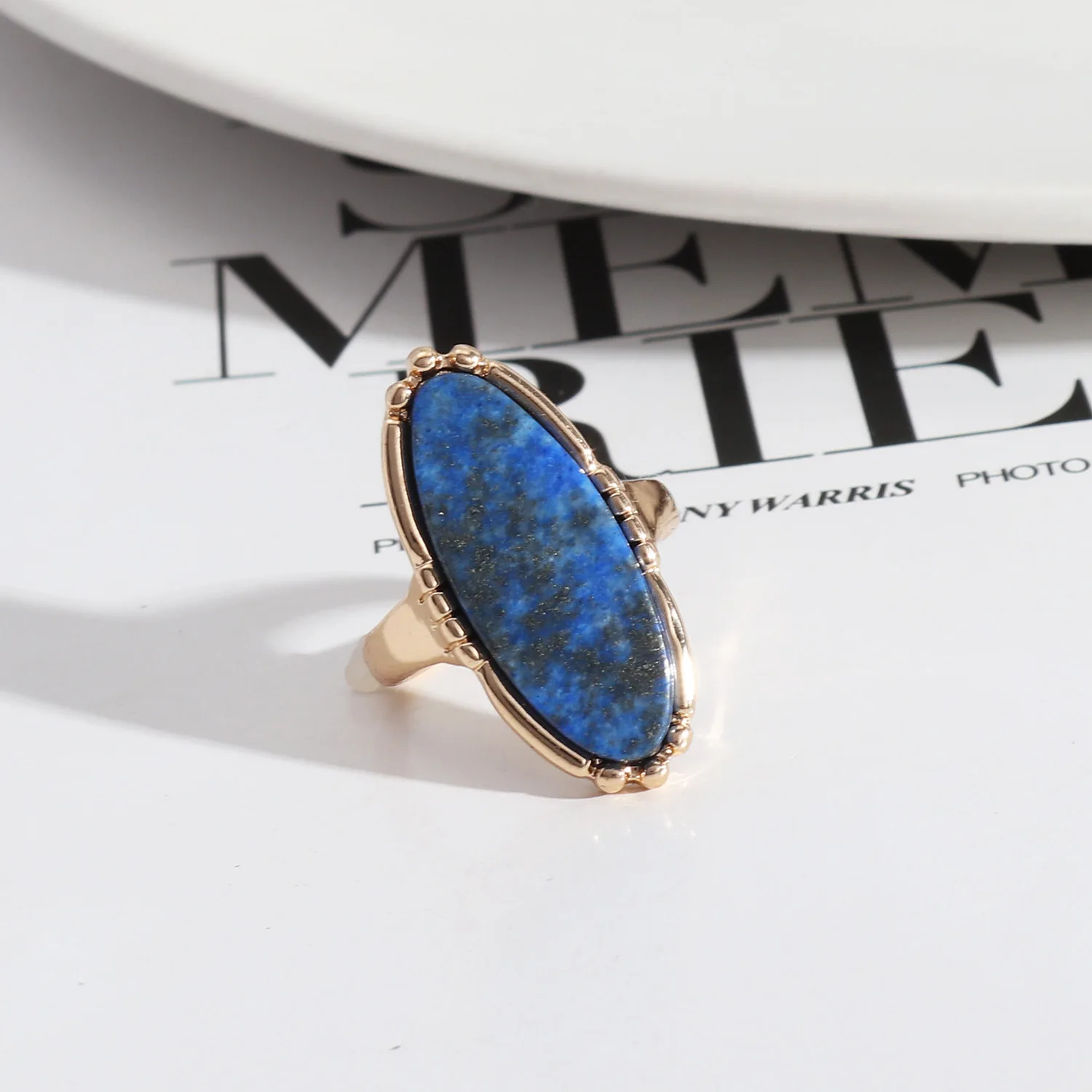 Gold Oval Turquoises Lapis Lazuli Blue Natural Stone Rings Fashion Inner Dia 1.7cm Gold Color Band Jewelry for Women