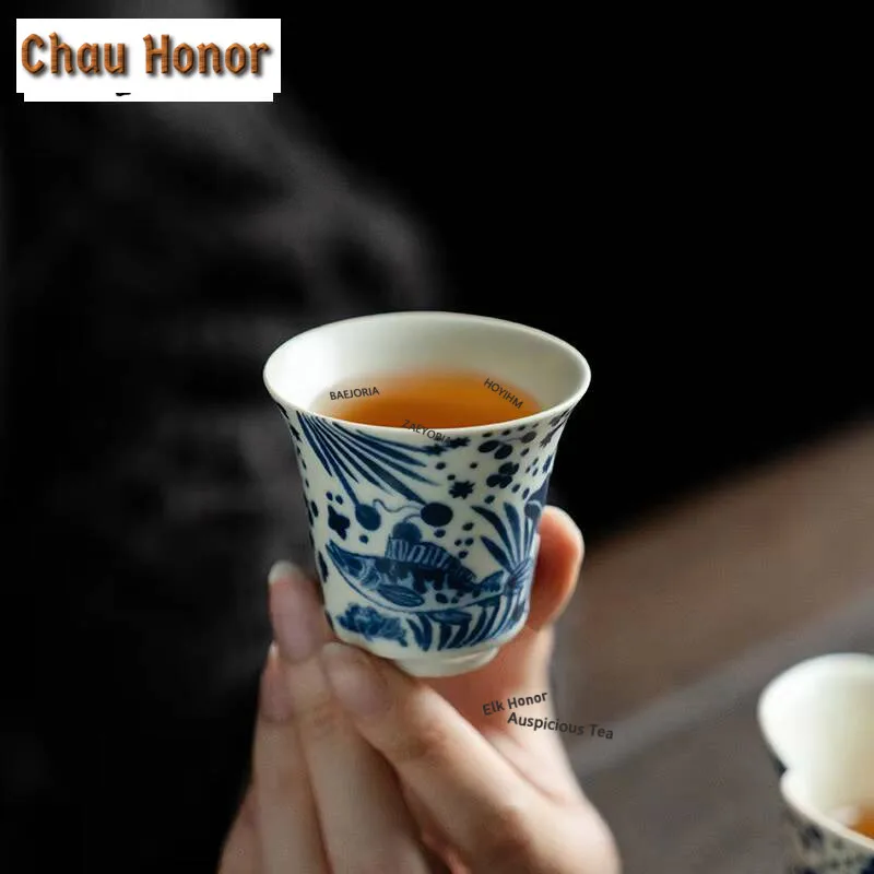 2pc/set Soda Glazed Teacup Half Color Fish Algae Pattern Tea Bowl Single Mug Smelling Cup for Tea Horseshoe Cup Teaware 40ml