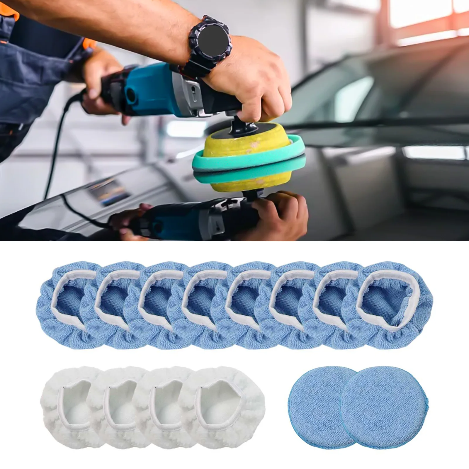 Kit de herramientas para el cuidado del coche, almohadilla de pulido para coche, almohadillas de microfibra de alta intensidad, almohadilla de pulido, brillo de nivel profesional azul y blanco