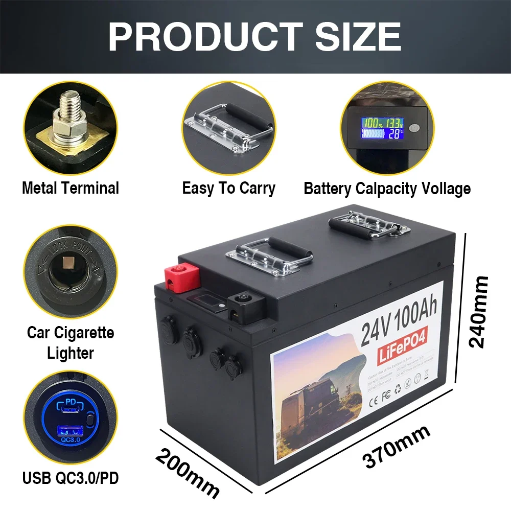 24V 100Ah LiFePO4 Battery Built-in BMS Rechargeable Battery for Inverter Solar RV Fishing Boat 9000+ Cycles Off-grid Tax Free