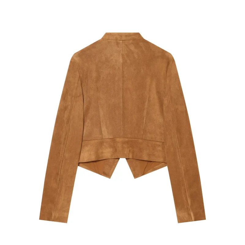 2026 Neue Damen Kunstwildleder Kurze Jacke Einreihig Langarm Epauletten Tasche Schmal Geschnitten Unregelmäßiger Saum Vintage Militärstil – Detail 5
