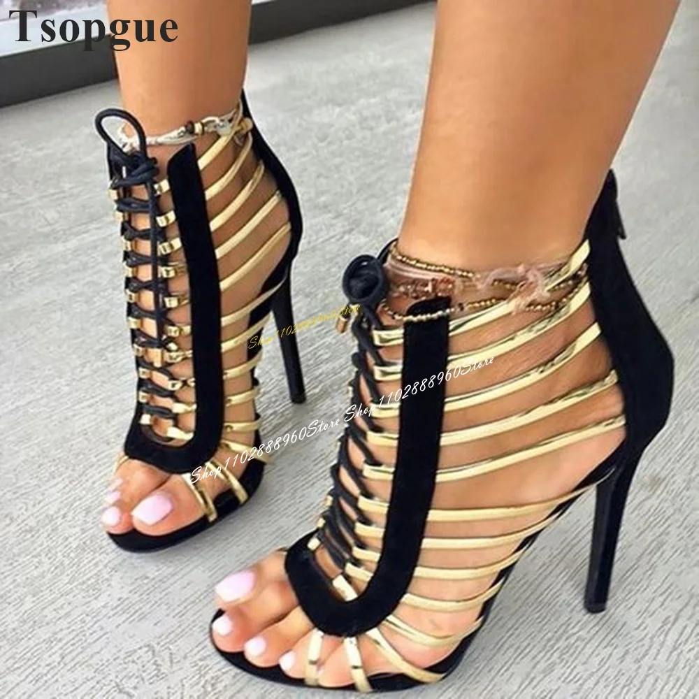 

Luxury Black Flock Cross Tied Strappy Sandals Thin High Heel Women Shoes Back Zipper Open Toe 2024 Fashion Zapatos Para Mujere