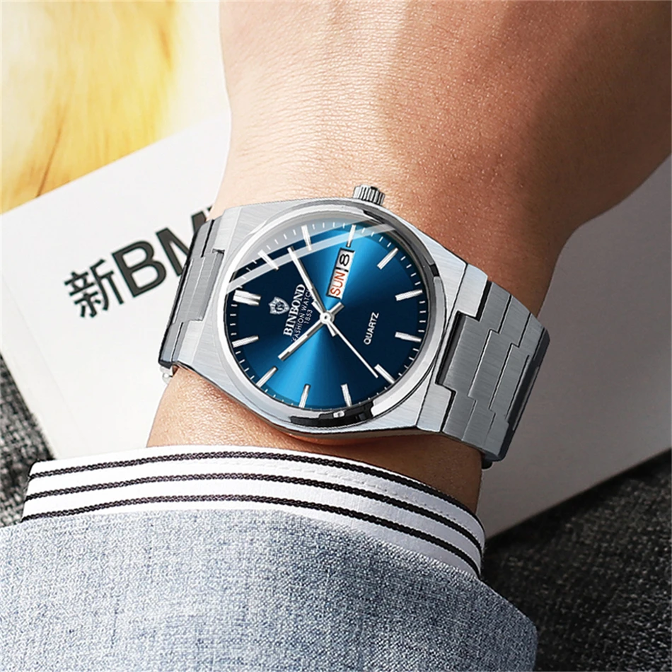 BINBOND الفاخرة الأصلي رجل ساعة تاريخ مضيئة مقاوم للماء الفولاذ المقاوم للصدأ الرجال ساعة اليد الأعمال موضة كوارتز ساعات رجالية