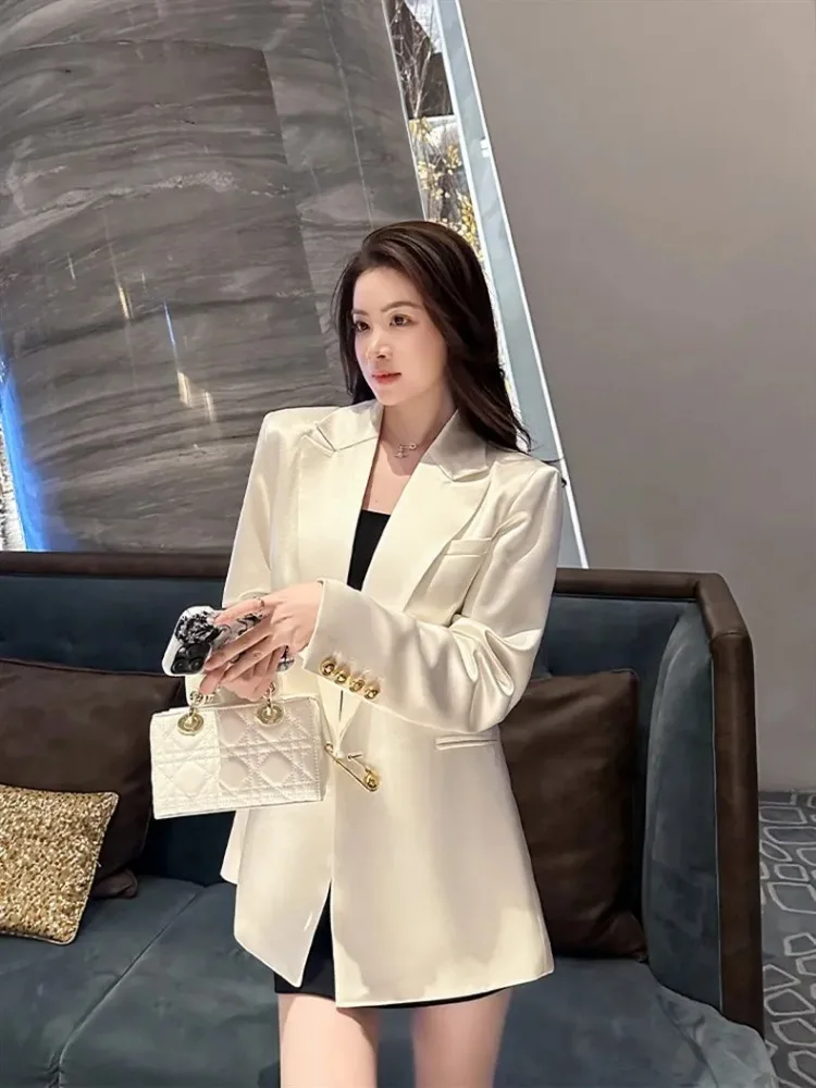 

Роскошный брендовый белый блейзер, Женский костюм с длинным рукавом, корейская мода, весна-осень, куртка для офиса, Женская деловая Повседневная Наплечная накладка