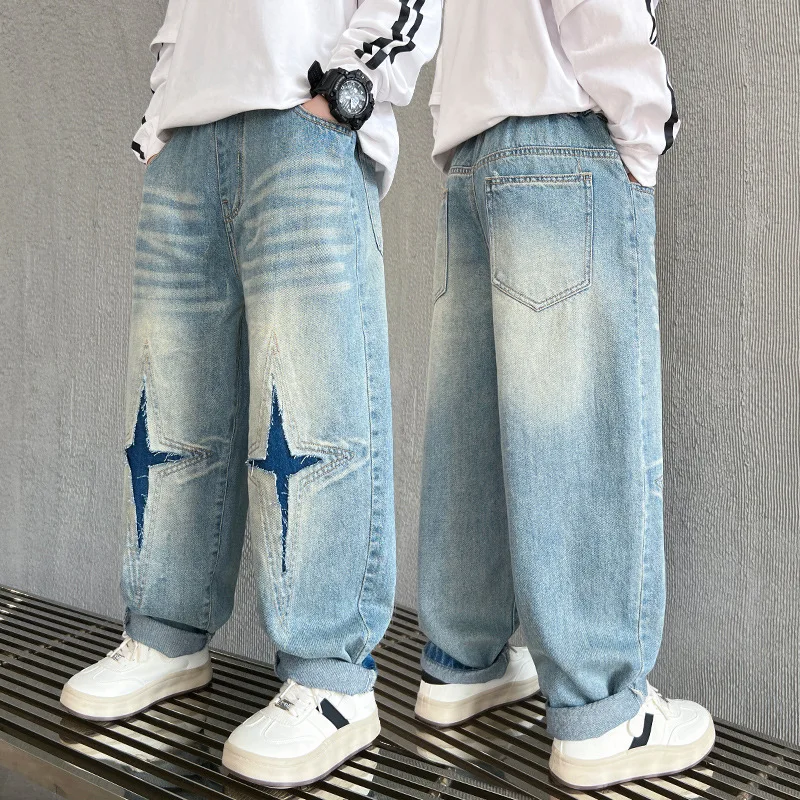 New Design Teenage Boys Regular Jeans with star Pattern for Children Loose Casual Blue Denim Pants School Kids Classic Trousers