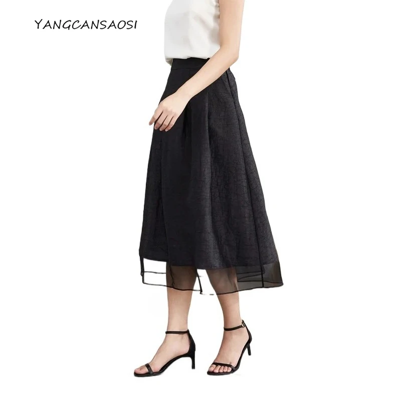 

Женская осенняя новинка 2025, 100% натуральный шелковый шелк тутового дерева, гамперская марля Гуандун, черный карманный дизайн, модная юбка с эластичной резинкой на талии